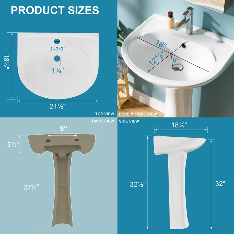 22 in. White Vitreous China Novelty U-Shape Pedestal Sink with Overflow Drain