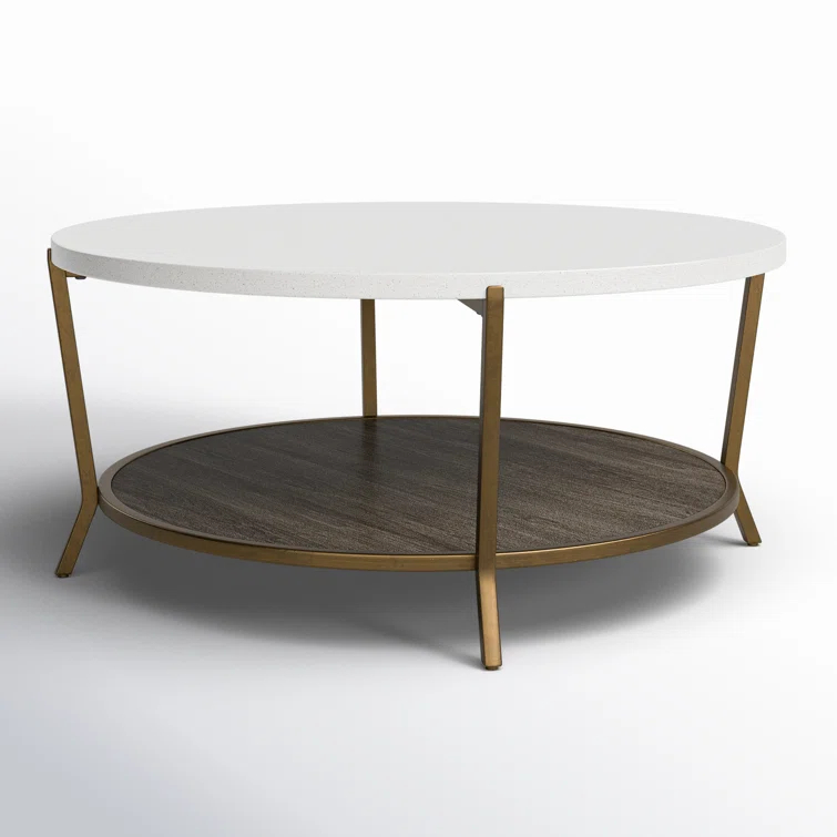 Transitional Round Wood & Stone Coffee Table, 42 Inch, Brown