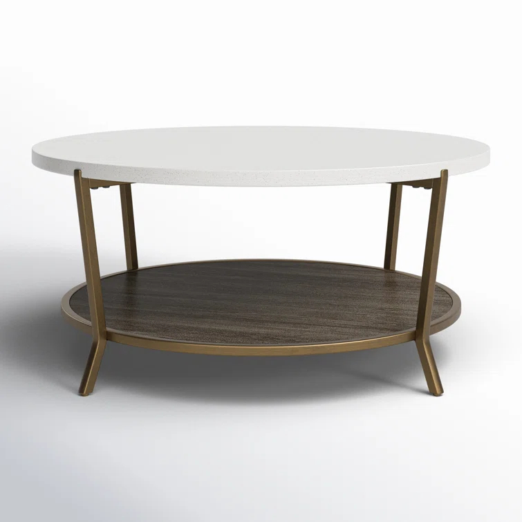 Transitional Round Wood & Stone Coffee Table, 42 Inch, Brown