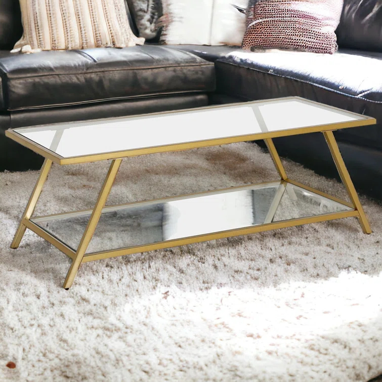 Yair 48" Glass And Steel Coffee Table With Shelf