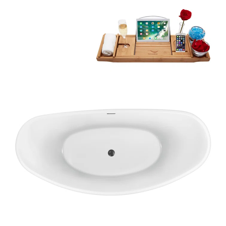 63'' Streamline Freestanding Soaking Acrylic Bathtub With Drain and Bamboo Tray