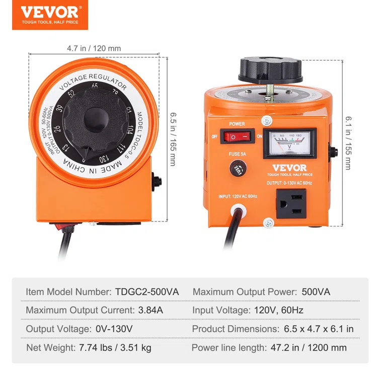 VEVOR 500VA Auto Variable Voltage Transformer, 15.3 Amp, 110V Input 0-130V Output AC Voltag