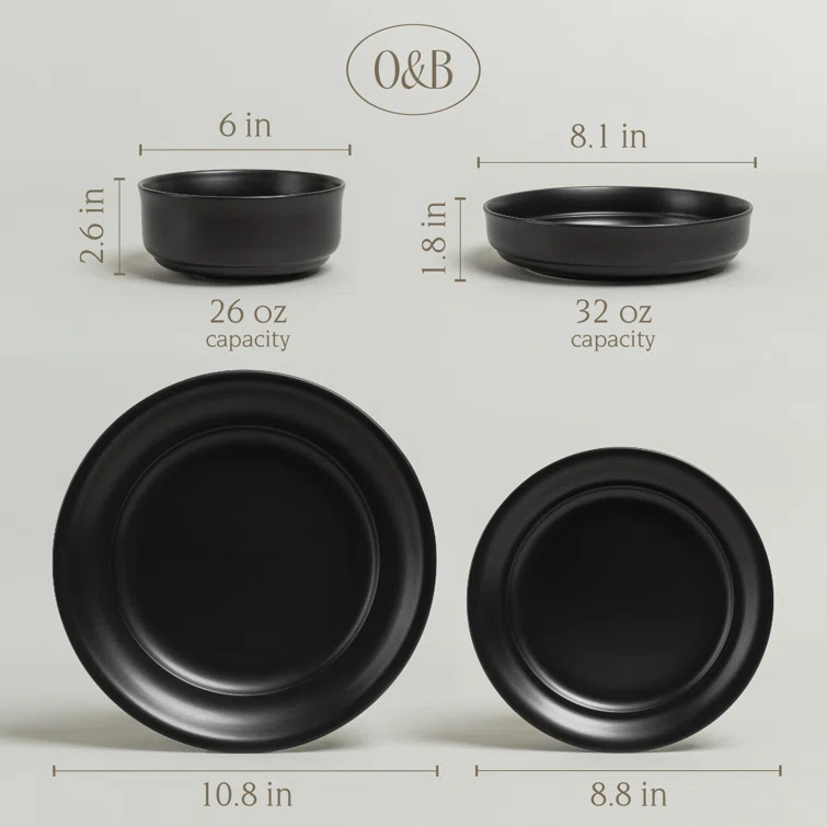 over&back Rimmed 16-Piece Semi Hand-Finished Stoneware Dinnerware Set, Service for 4