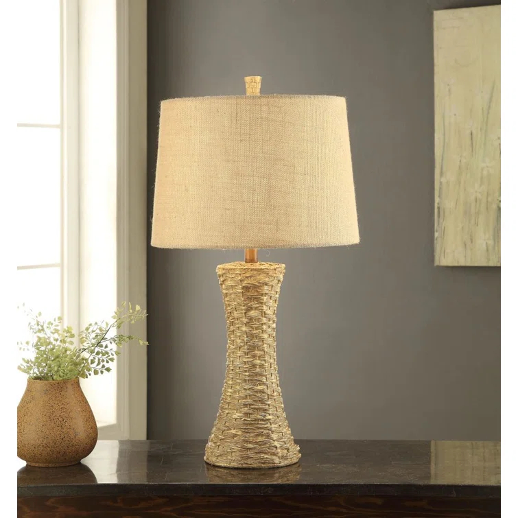 Belita 26" Brown Woven Table Lamp with Linen Shade