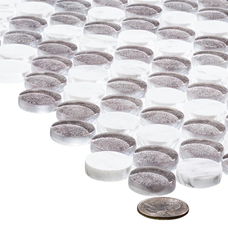 Space 3/4" Penny Round Glass & Natural Stone Mosaic Kitchen Backsplash, Bathroom, Shower, Wall and Floor Tile