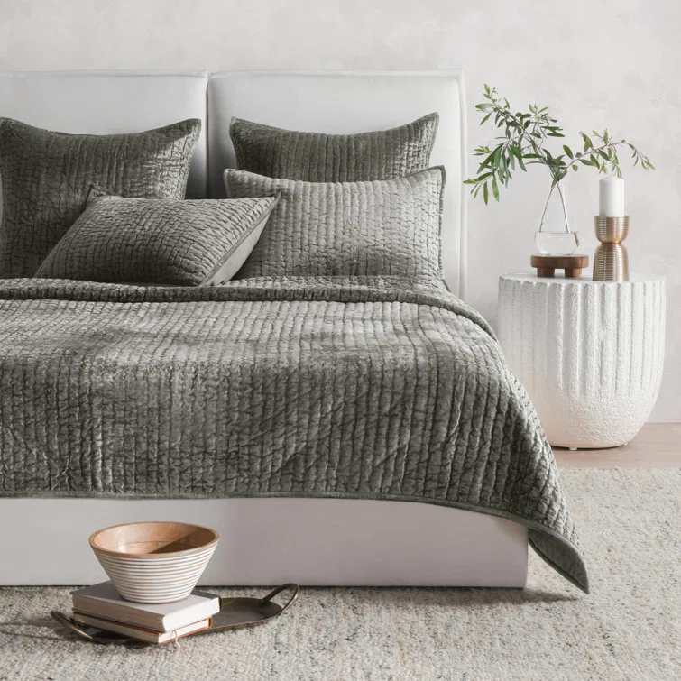 Dimitry 100% Rayon Velvet Sage Green Queen Quilt by Kosas Home