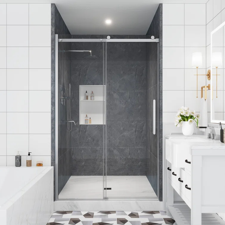 44"-48" W x 76" H Frameless Single Sliding Shower Door with Soft-Closing and Clear Tempered Glass
