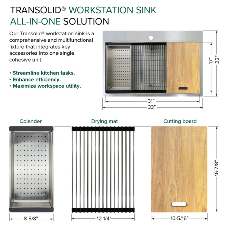 Transolid 32-in X 22-in 18-Gauge Drop-in Stainless Steel Kitchen Workstation Sink