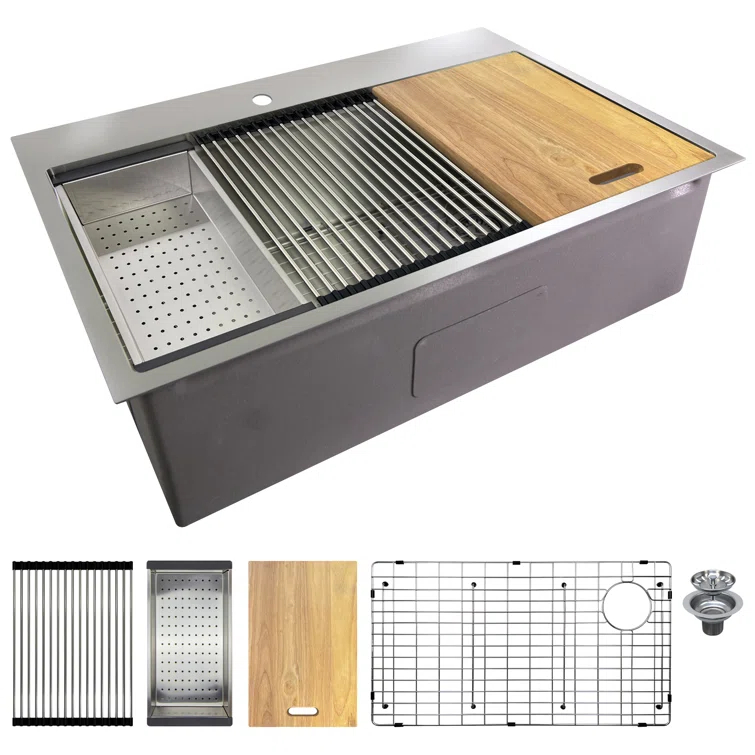 Transolid 32-in X 22-in 18-Gauge Drop-in Stainless Steel Kitchen Workstation Sink