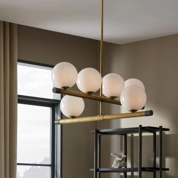Mid-Century Modern Brass and Opal Glass Chandelier