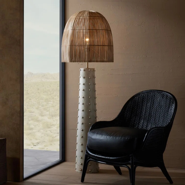 Natural Rattan Shade Floor Lamp with Mactan Stone Base