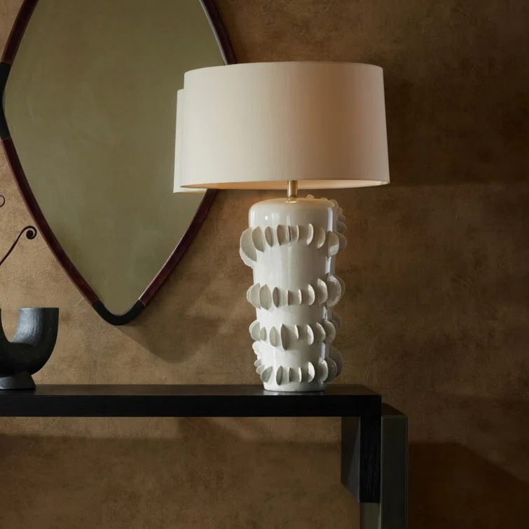 Ivory Ceramic Table Lamp with White Shade, 31 inches