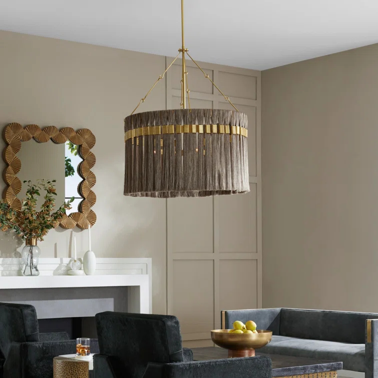 Antique Brass and Gold Drum Chandelier with Fringe