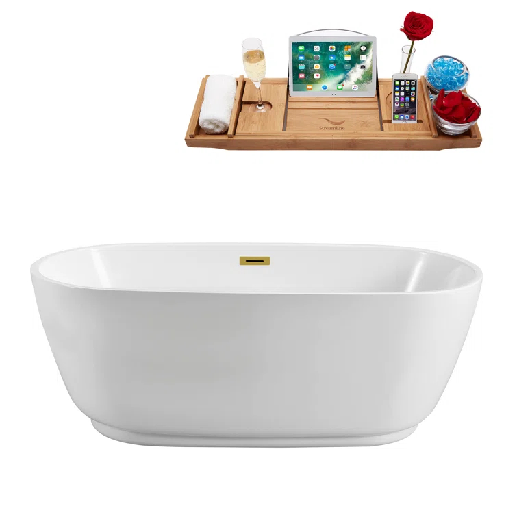 59" Streamline Freestanding Soaking Acrylic Bathtub With Drain and Bamboo Tray