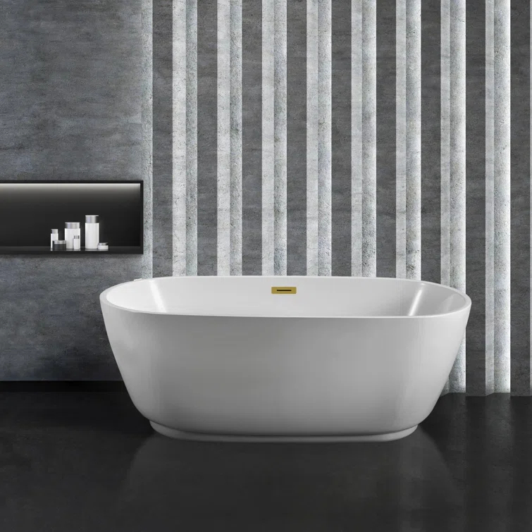 59" Streamline Freestanding Soaking Acrylic Bathtub With Drain and Bamboo Tray