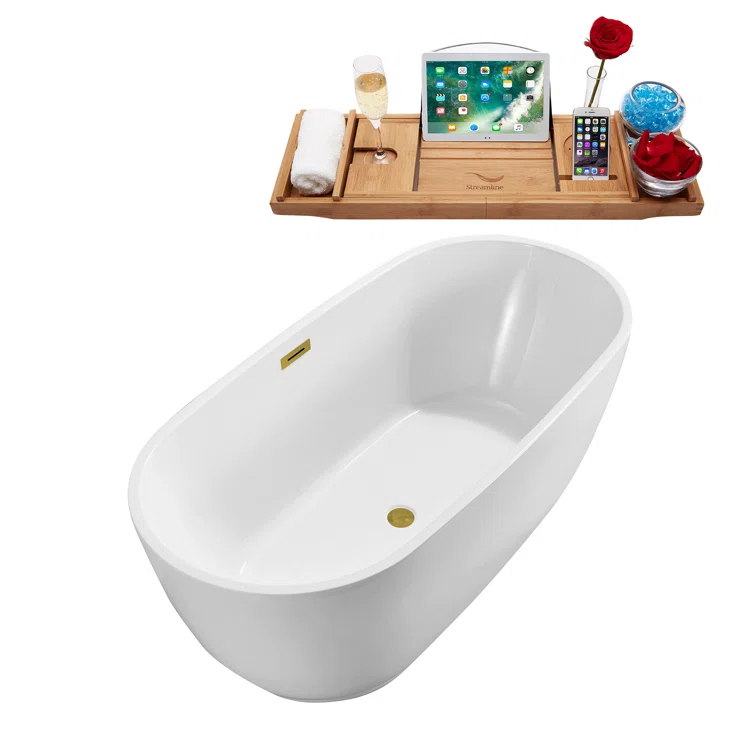 59" Streamline Freestanding Soaking Acrylic Bathtub With Drain and Bamboo Tray