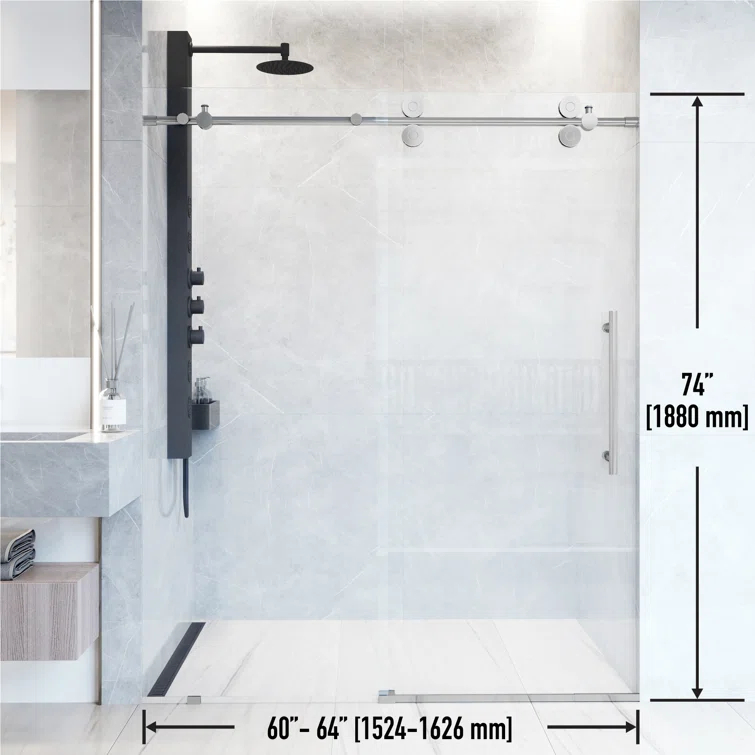 Elan 60-64" W x 74" H Sliding Frameless Shower Door with 3/8" Clear Glass