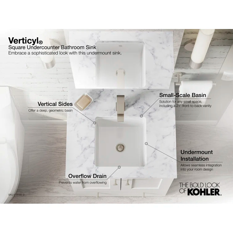Verticyl Vitreous China Square Undermount Bathroom Sink with Overflow