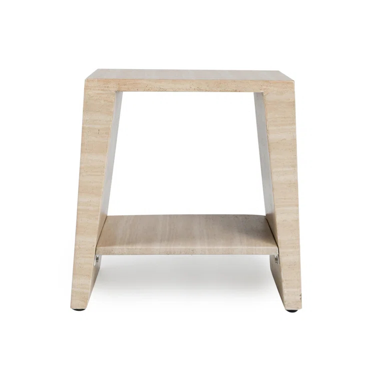 Beige Geometric Stone Outdoor End Table with Shelf