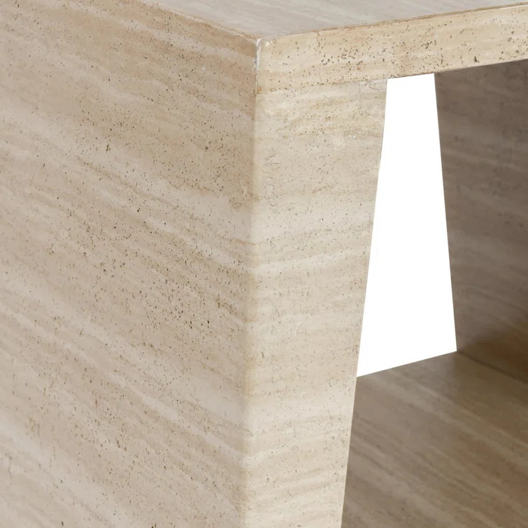 Beige Geometric Stone Outdoor End Table with Shelf