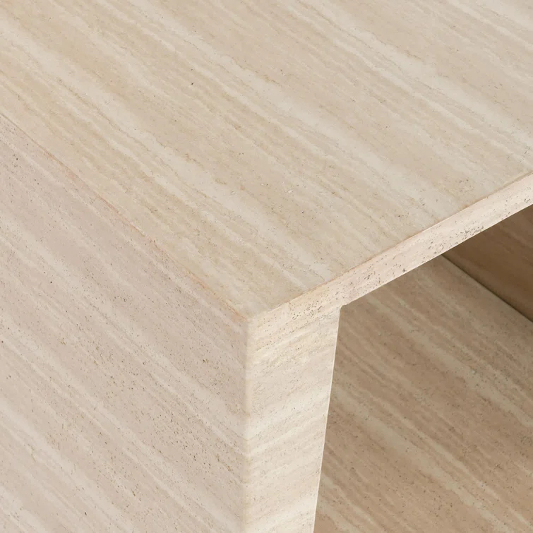 Beige Geometric Stone Outdoor End Table with Shelf