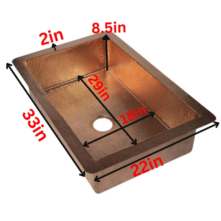Mexican Copper Crafts 33" Drop-In Single Well Plain Hammered Copper Kitchen Sink - Pure Copper, Drop-In Sink for Kitchen, Bathroom & Home Improvement, Copper Kitchen Sink