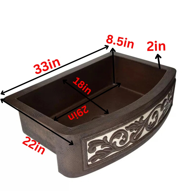 Ambiente Mexican Copper Crafts 33x22" Rectangular Single Bowl Kitchen Sink – Farmhouse Apron Drop-In Sink – 16 Gauge Bronze Copper Undermount Sink – Durable Copper Kitchen Accessories