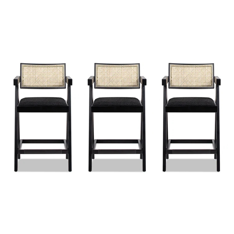 Coulten 25.5" Modern Webbing Back Bar Stool With Arms, Set Of 3, Ebony Black Boucle
