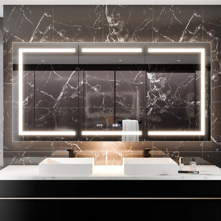 MEDUNJESS 72''x36'' Surface or Recessed Mount LED Medicine Cabinet with Mirror and Defogger 3 doors Medicine Cabinet