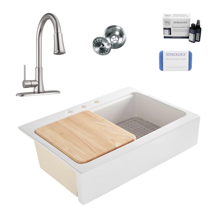 Parker Fireclay 34" Single Bowl Quick-Fit Farmhouse Workstation Kitchen Sink with Pfirst Faucet Kit