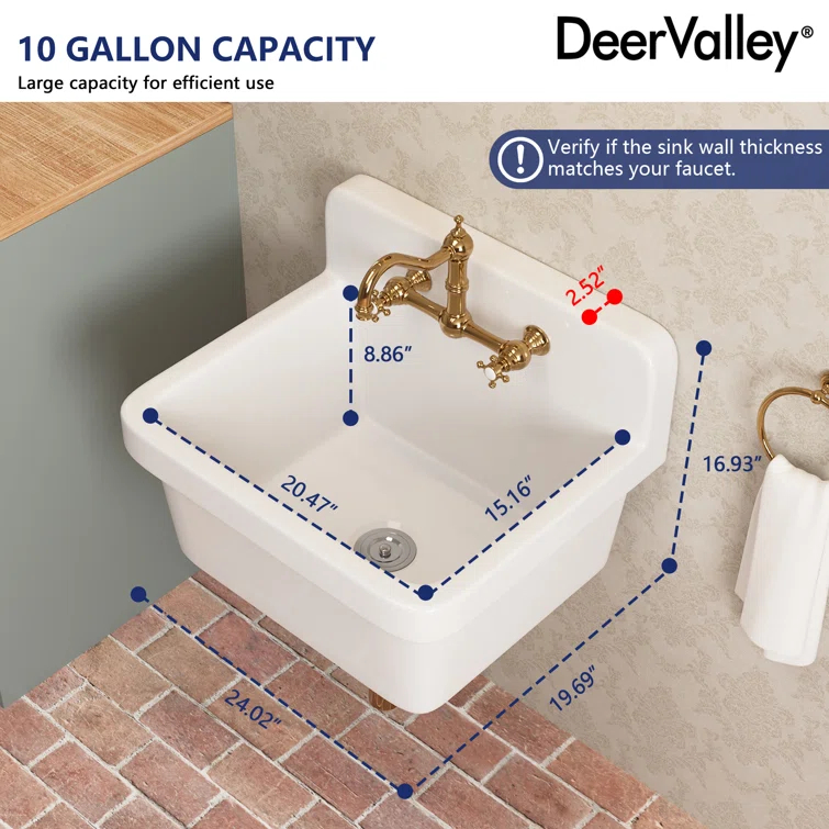 DeerValley 24"×19.7" Vitreous China Wall Mount Utility Sink Farm Style High Back Laundry Sink
