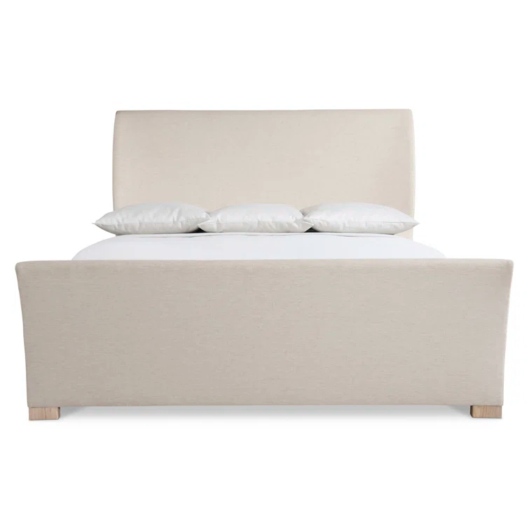 Beige Upholstered Oak King Sleigh Bed with Linen Headboard