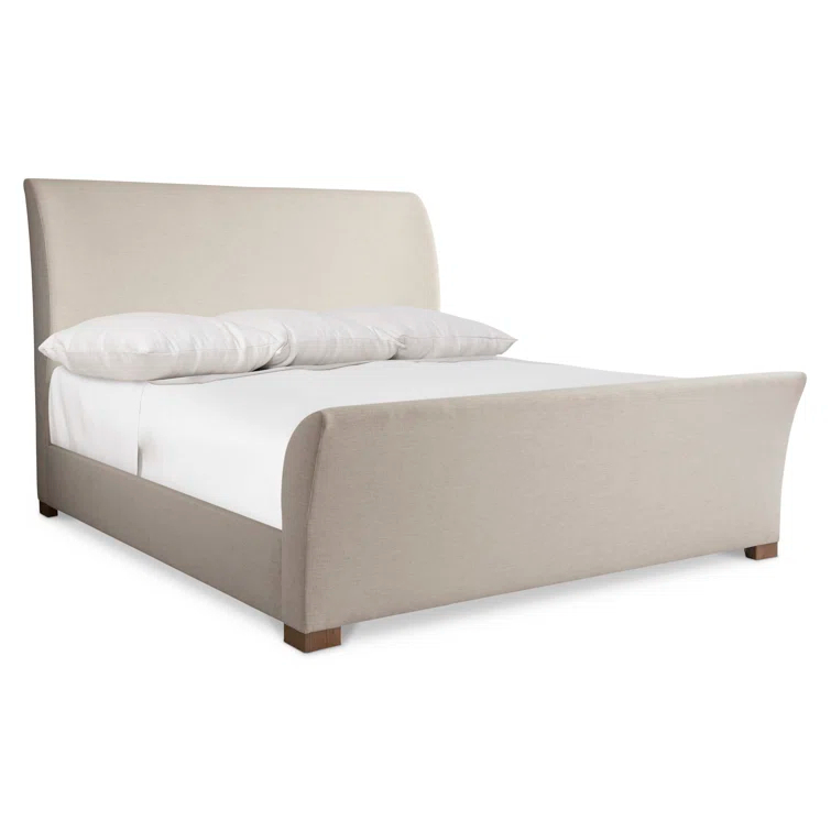 Beige Upholstered Oak King Sleigh Bed with Linen Headboard
