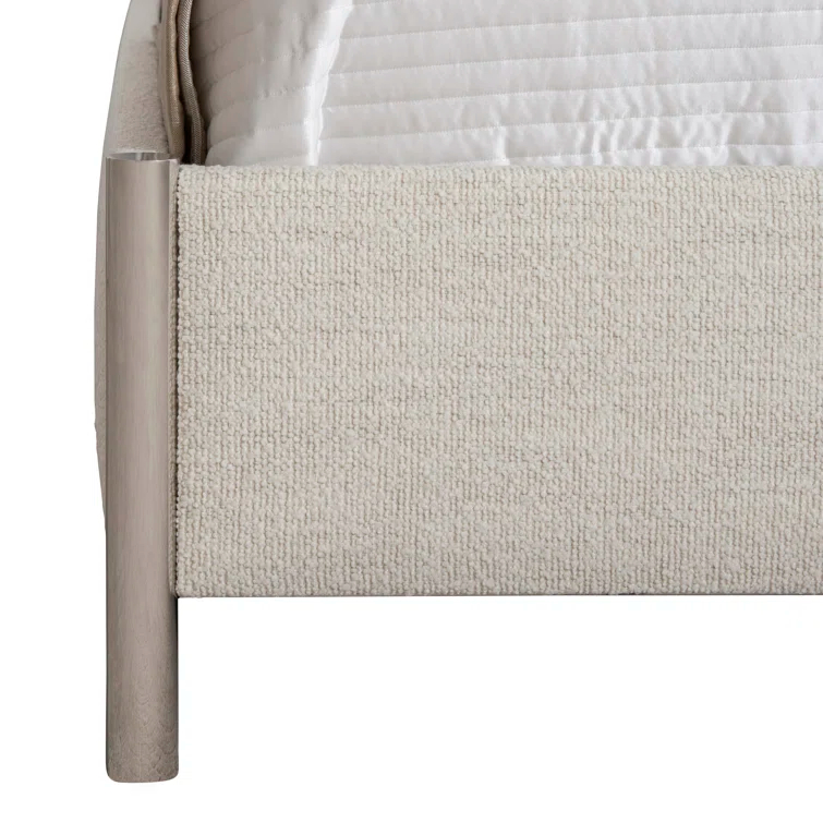 Beige Linen Upholstered Queen Bed with Metal Frame and Headboard