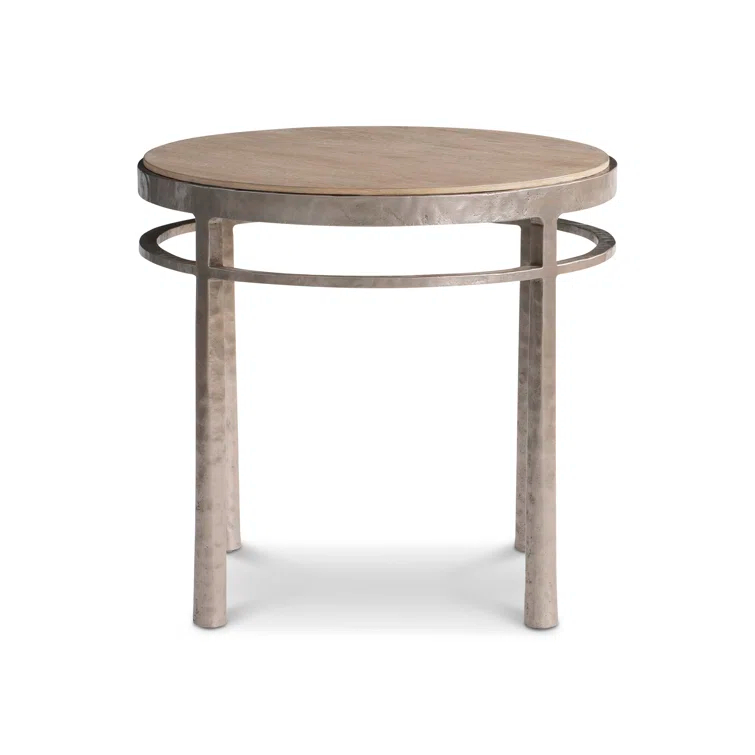 Marcona Brown Oak and Frosted Nickel Round Side Table