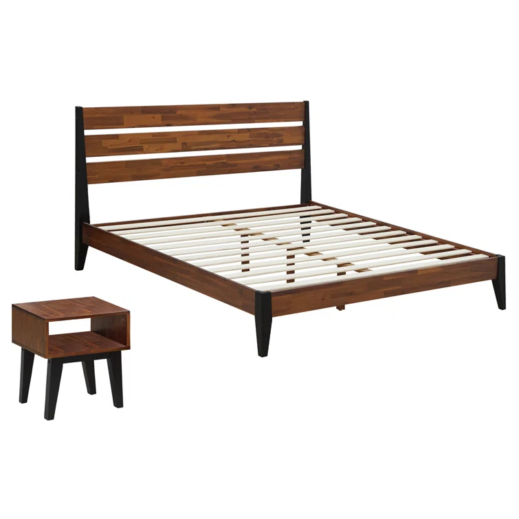 Acacia Emery 2-Pcs Bedroom Set – Solid Wood Platform Bed Frame & Matching Nightstand, Mid-Century Modern Farmhouse, 800 lbs Capacity, No Box Spring Needed