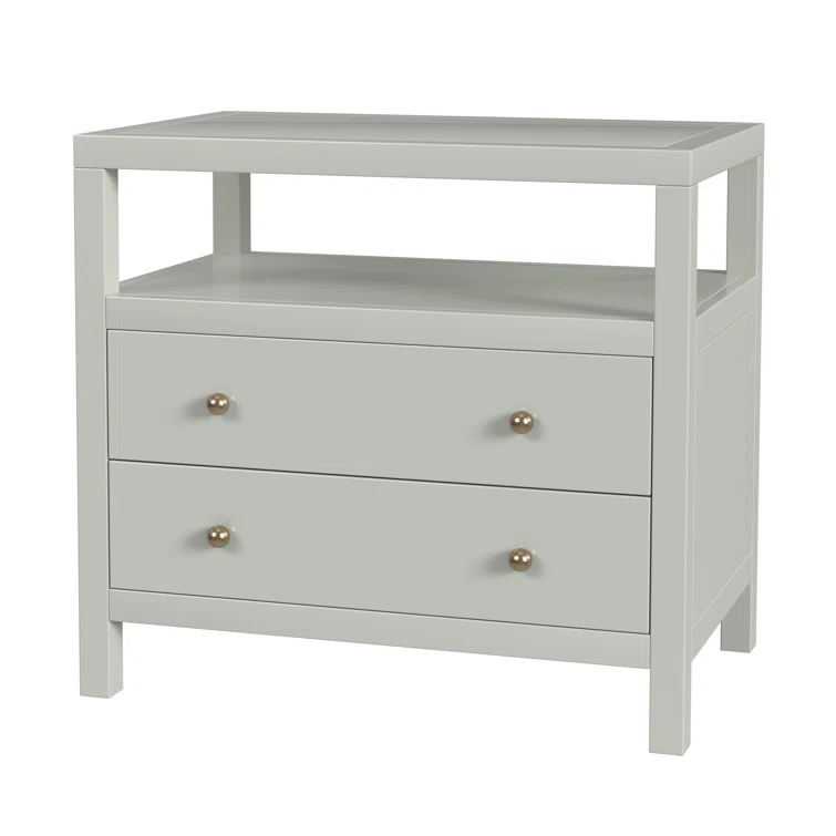 Sage Green Acacia Wood 2-Drawer Nightstand with Open Shelf