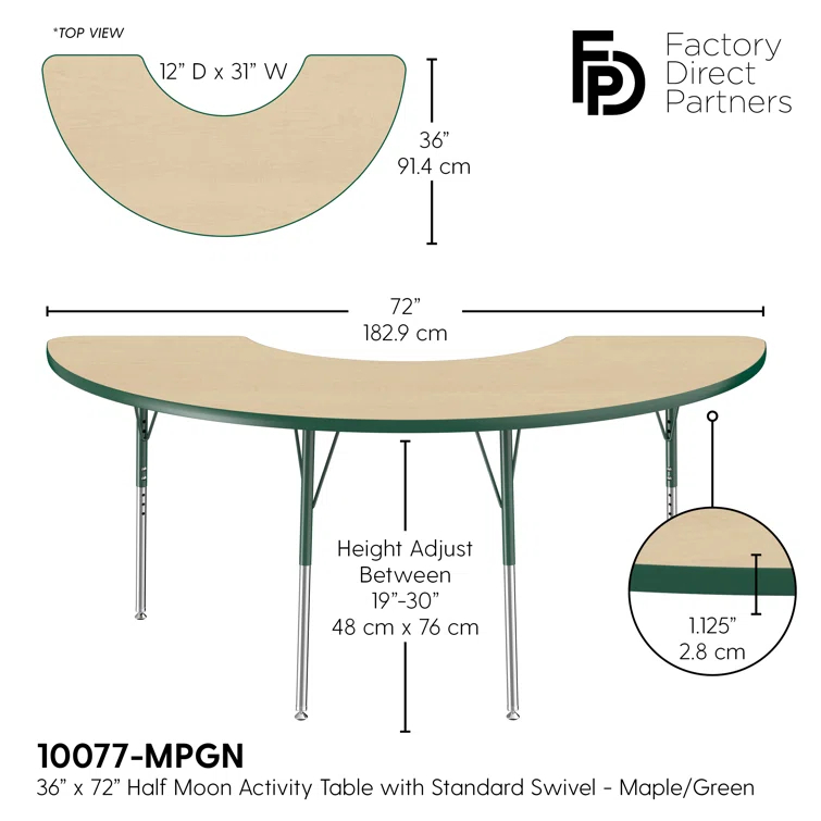 36" x 72" Half Moon T-Mold Activity Table with Adjustable Legs
