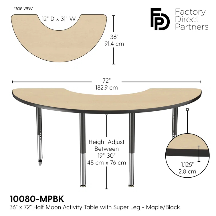 36" x 72" Half Moon T-Mold Activity Table with Adjustable Legs