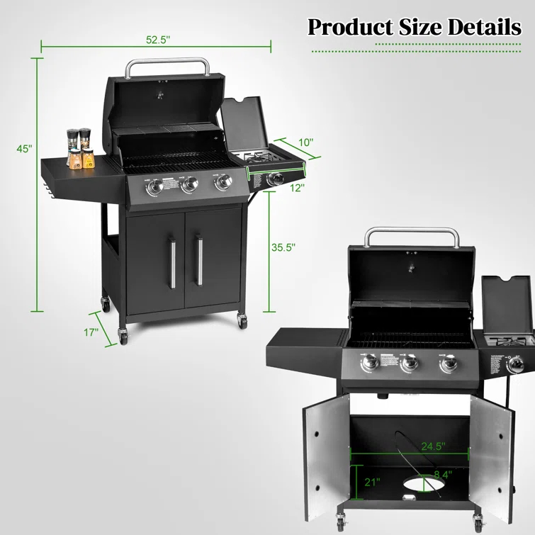 3 Burner Propane Gas Grill With Side Burner