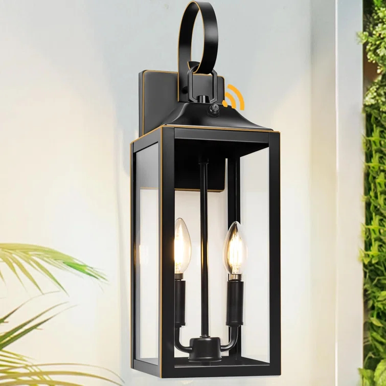 Dusk To Dawn Outdoor Wall Lantern 2-Light, 19" Large Outside Modern Wall Sconce Light Fixture, Industrial Porch Light Wall Mount With Glass, Waterproof Farmhouse Exterior Lamp Lighting