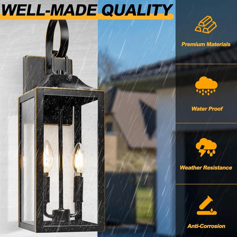 Dusk To Dawn Outdoor Wall Lantern 2-Light, 19" Large Outside Modern Wall Sconce Light Fixture, Industrial Porch Light Wall Mount With Glass, Waterproof Farmhouse Exterior Lamp Lighting