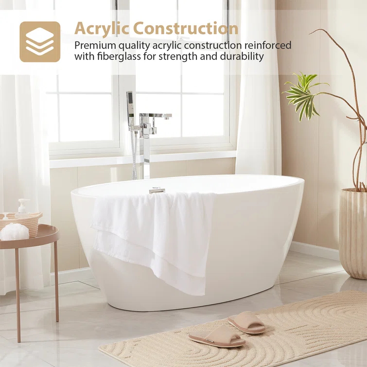 Vanity Art 59" X 32" White Acrylic Freestanding Bathtub