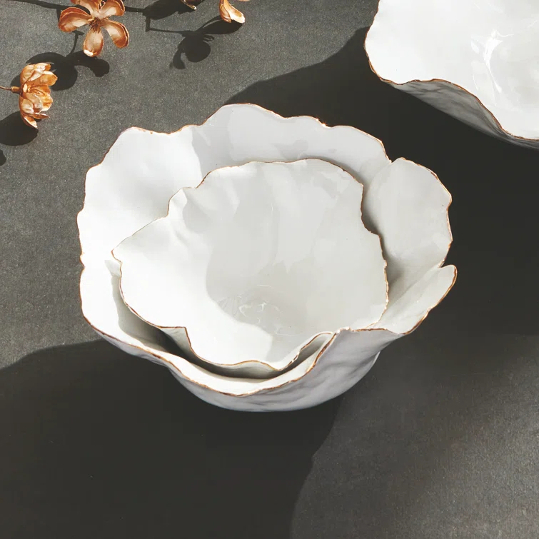 Handcrafted White Ceramic Decorative Bowl Set with Gold Edges