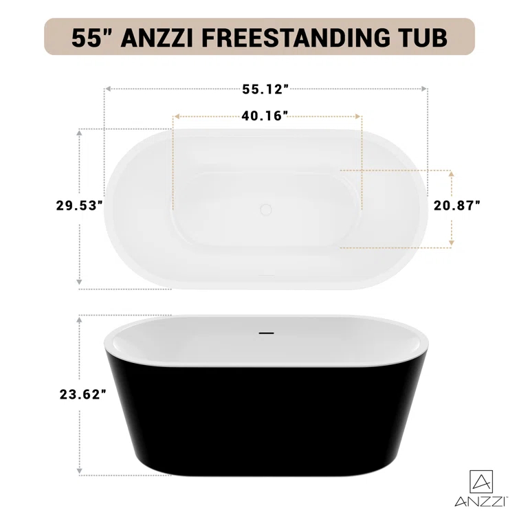 ANZZI Chand Series 55 Inch Acrylic Freestanding Pre-Plumbed Solid Deep Soaker Stand Alone Bathtub With Built-In Overflow And Drain In Black/White