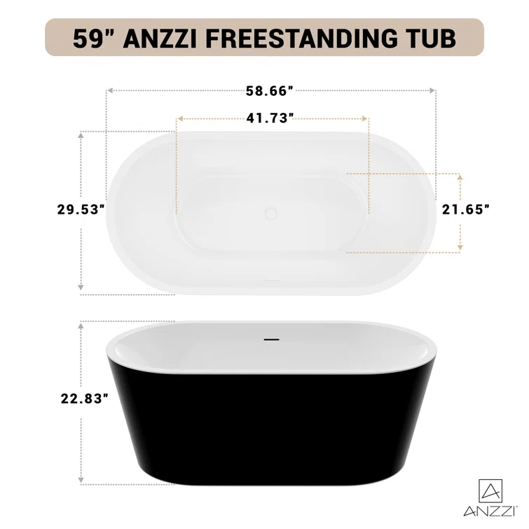 ANZZI FT-AZ098-59BK ANZZI Chand Series 59 Inch Acrylic Freestanding Pre-Plumbed Solid Deep Soaker Stand Alone Bathtub With Built-In Overflow And Drain In Black/White