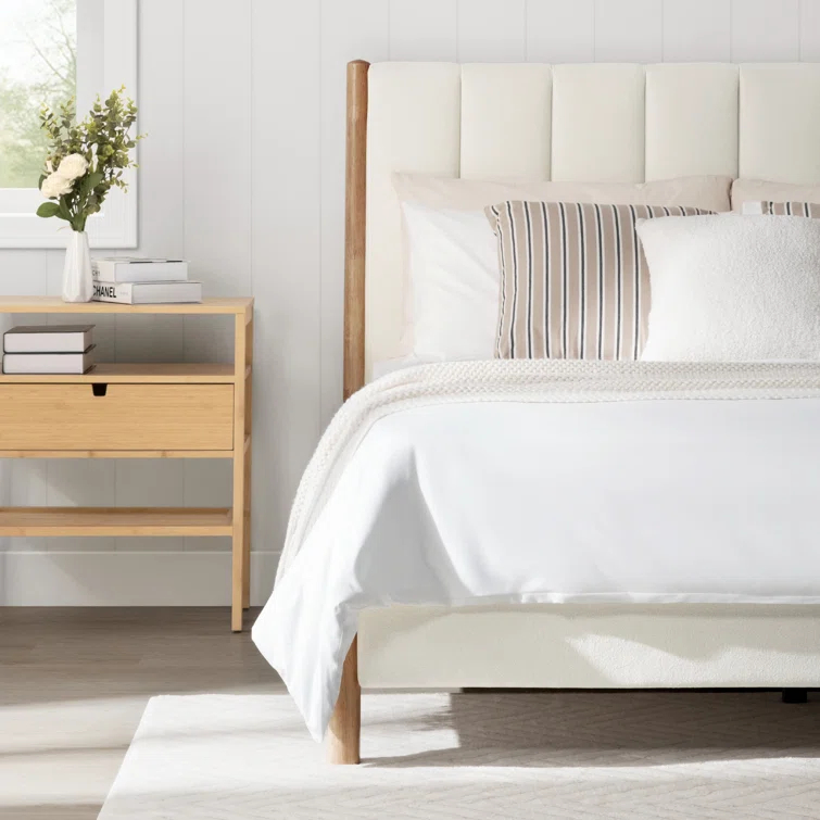 Rezana Solid Wood Boucle Upholstered Headboard Bed Frame