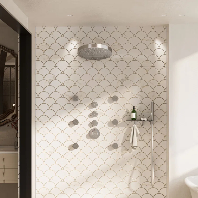 Rainfall Thermostatic Shower System with Body Jets, 2-Sprays Shower Head and a Shelf