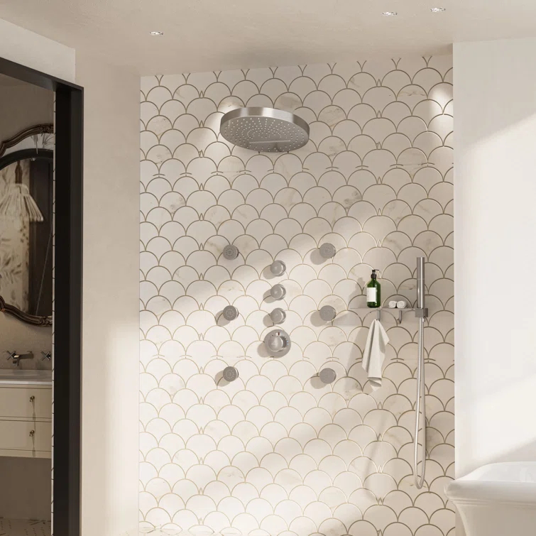 Rainfall Thermostatic Shower System with Body Jets, 2-Sprays Shower Head and a Shelf