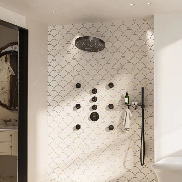 CASAINC KCHS0005-12MB Rainfall Thermostatic Shower System with Body Jets, 2-Sprays Shower Head and a Shelf